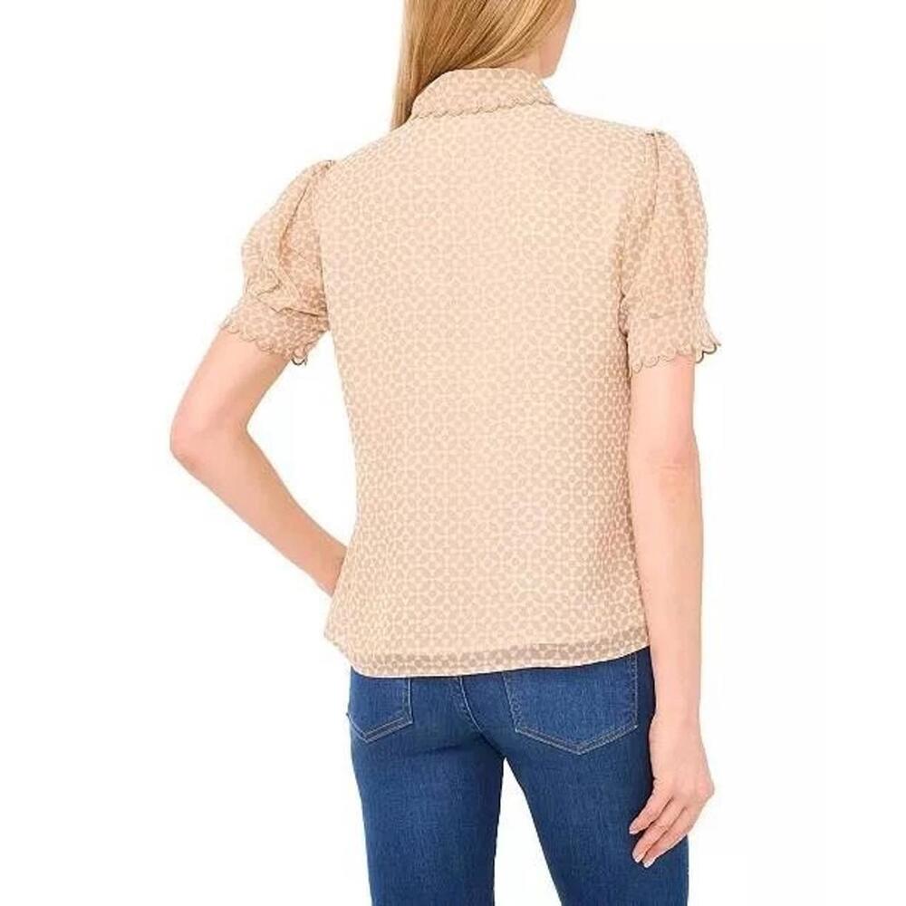 Cece Scallop Edge Geo Print Blouse –Neutral Tan & Cream Puff Sleeve Top – Size S - Picture 2 of 6